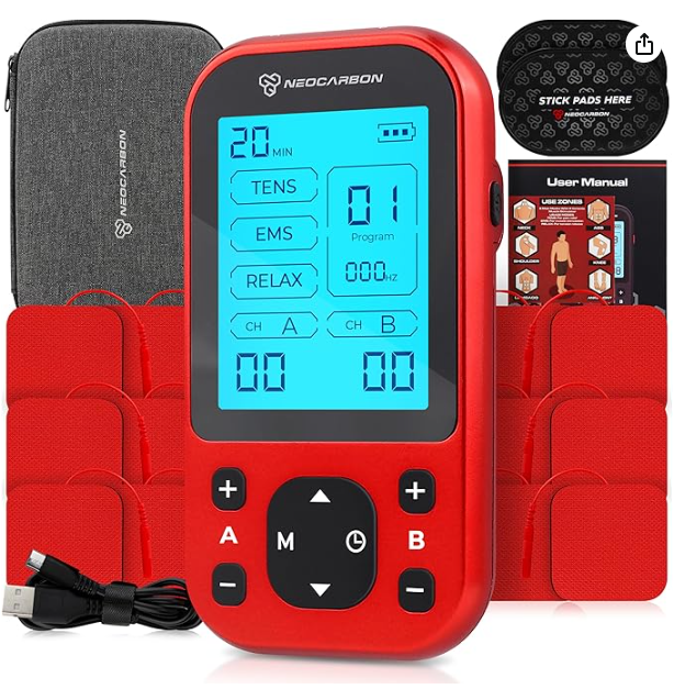 TENS Unit Muscle Stimulator Pro for Back Pain Relief, Shoulder Recovery and Physical Therapy, Electronic EMS Massager Machine with PMS Pulse for Effective Shock Therapy, Red
